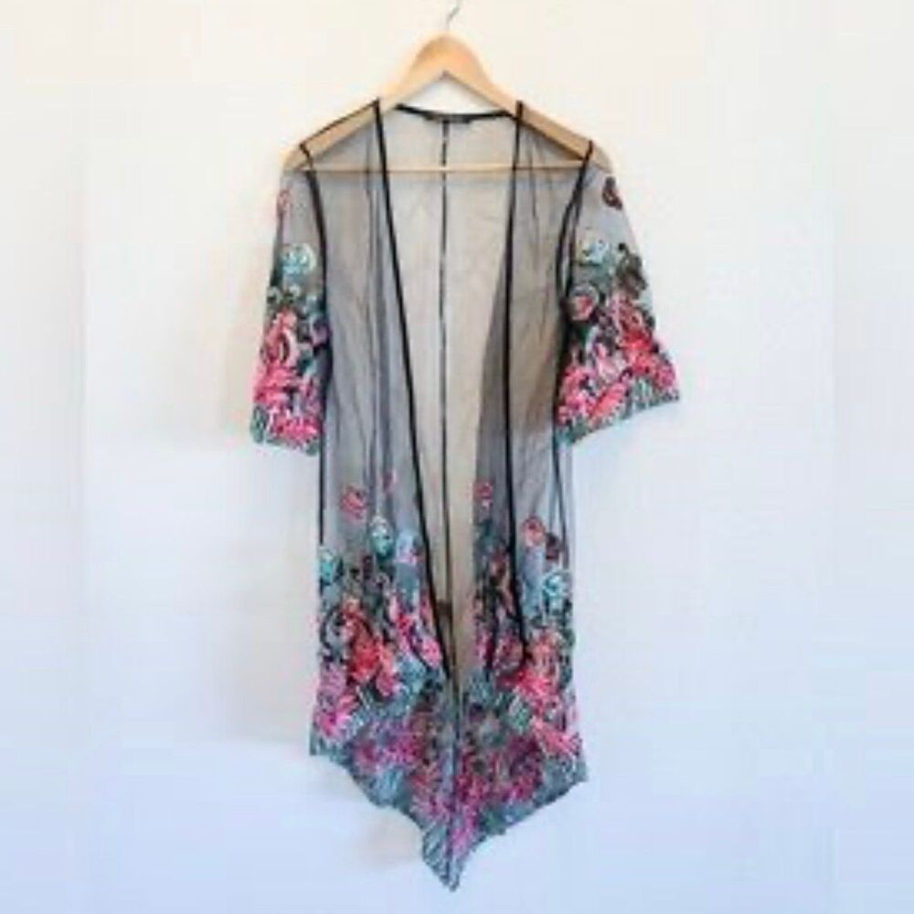 Merchant Women's Sheer Mesh Embroidered Floral Applique Cover Up Midi Cardigan M